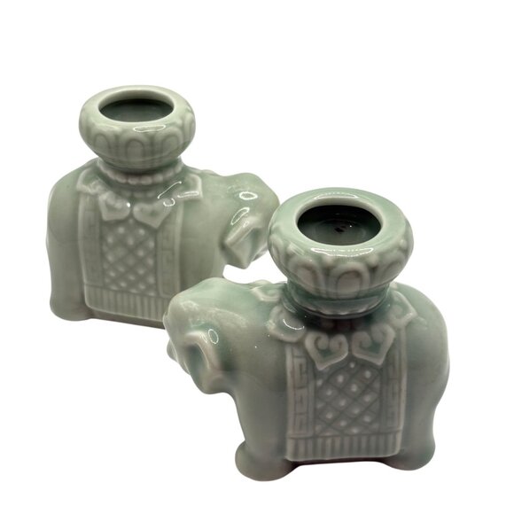 Celadon Green Ceramic Elephant-Shaped Candle Holders Pair Vintage China - Picture 2 of 6